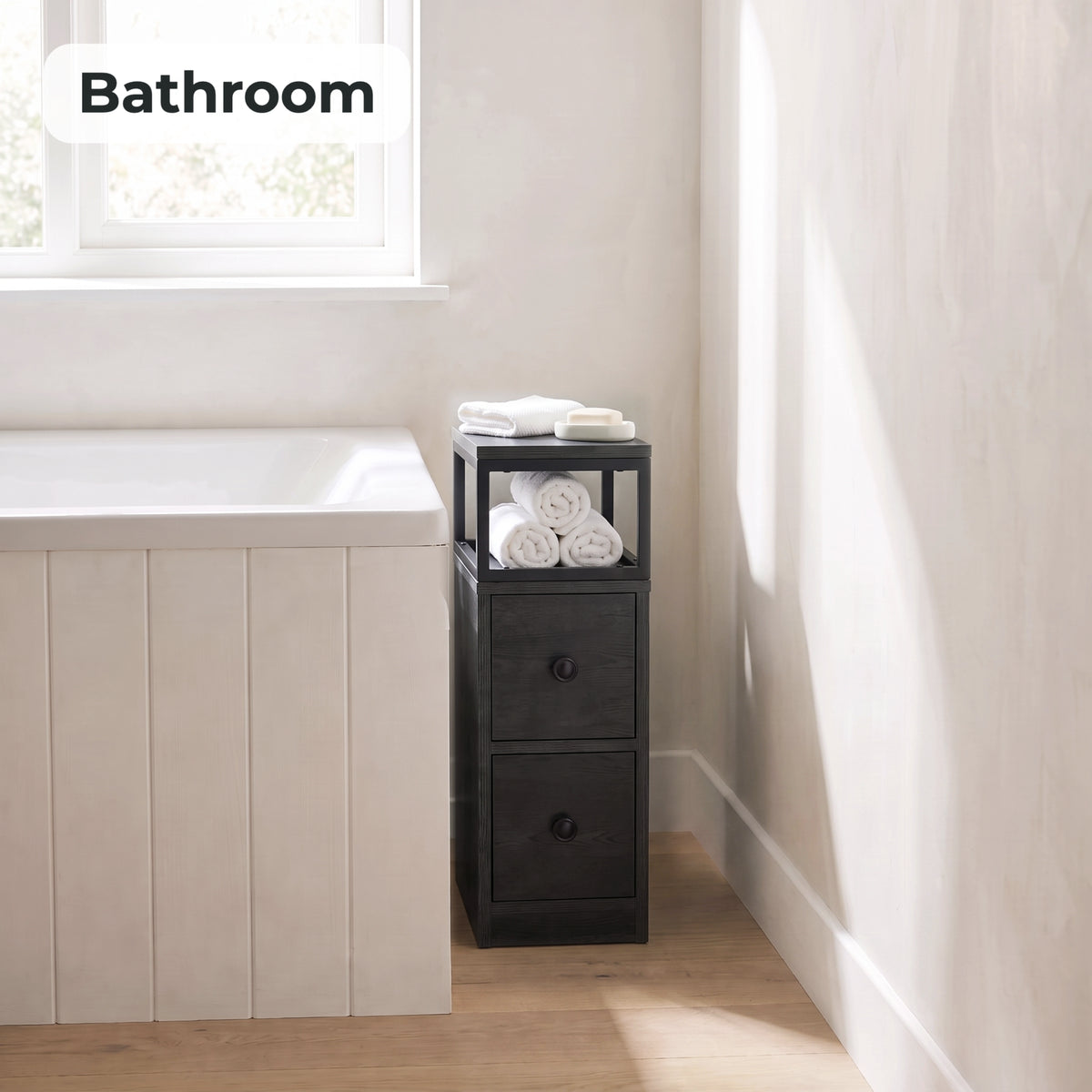 [Wooden Dark Grey] Narrow side table with storage beside a bath, holding towels and toiletries
