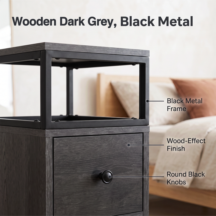 [Wooden Dark Grey] Side table finish graphic: Dark Grey Oak, Black Metal; wood-effect panels and round black knobs