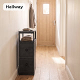 [Wooden Dark Grey] Narrow side table with storage in a hallway, with two drawers and an open display shelf