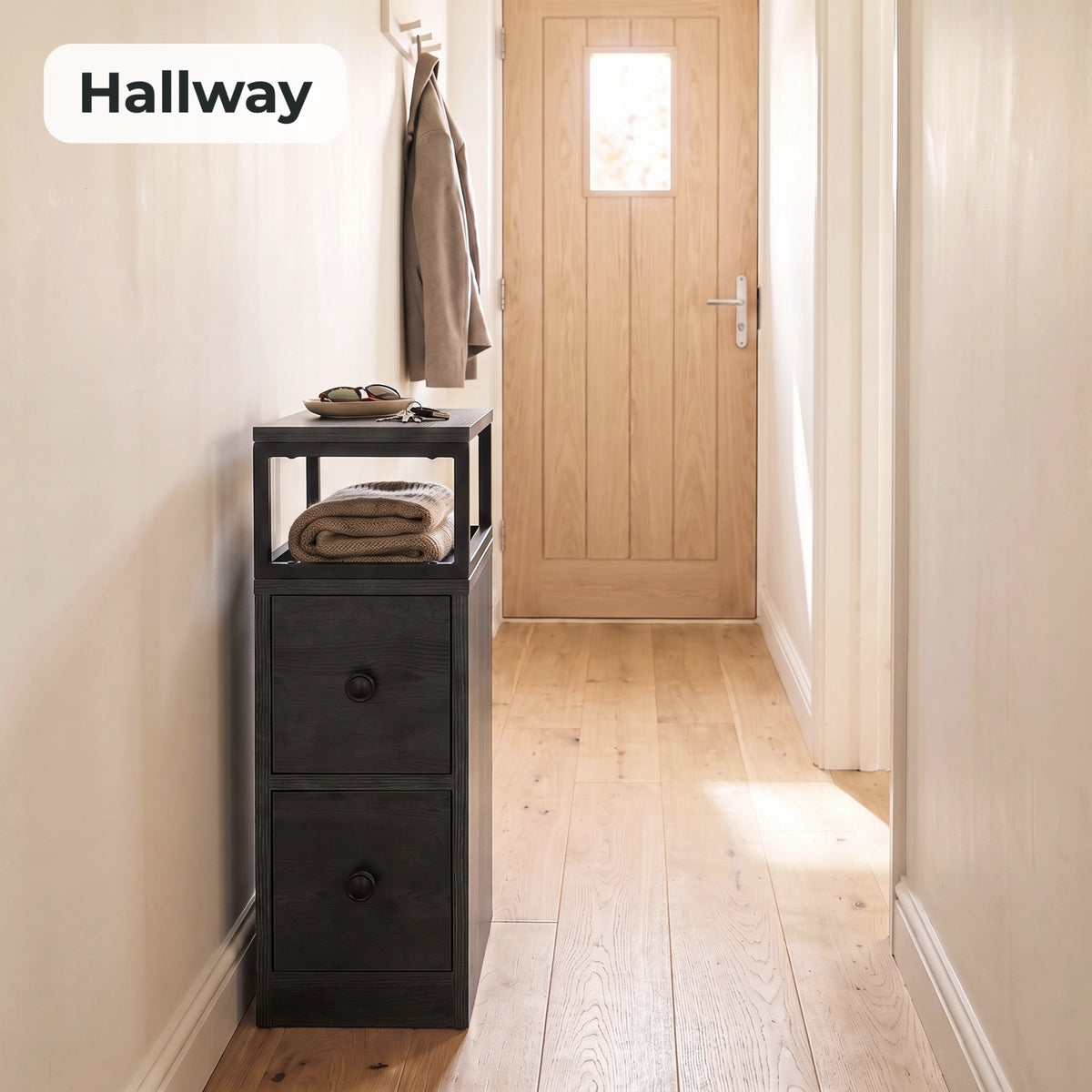 [Wooden Dark Grey] Narrow side table with storage in a hallway, with two drawers and an open display shelf