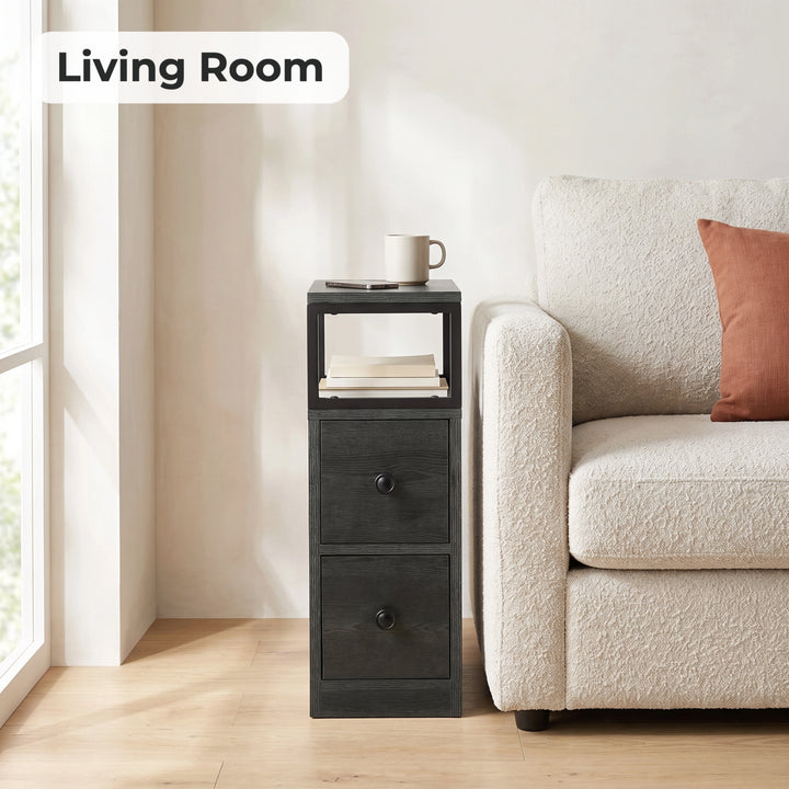 [Wooden Dark Grey] Narrow side table with storage beside a sofa, holding a lamp, plant and living room essentials