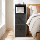 [Wooden Dark Grey] Narrow side table with storage, two drawers, open shelf, metal frame and wood-effect top