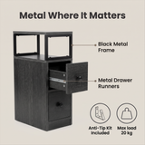 [Wooden Dark Grey] Side table graphic: black metal frame, metal drawer runners, anti-tip kit and 20 kg max load