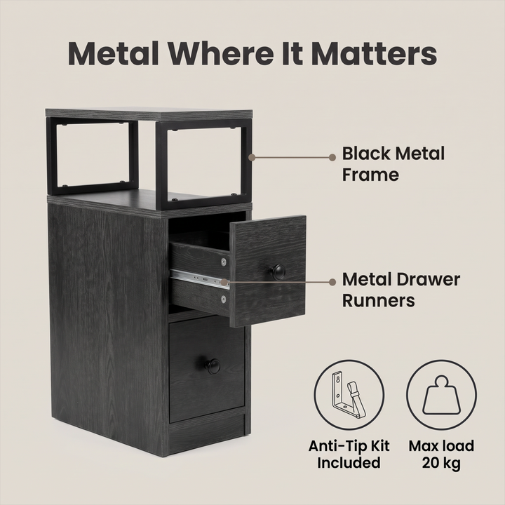 [Wooden Dark Grey] Side table graphic: black metal frame, metal drawer runners, anti-tip kit and 20 kg max load