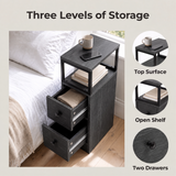 [Wooden Dark Grey] Side table graphic: Three Levels of Storage - top surface, open shelf and two drawers