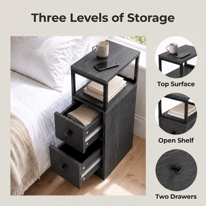 [Wooden Dark Grey] Side table graphic: Three Levels of Storage - top surface, open shelf and two drawers