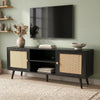 [Black] Wovena Black Rattan TV Unit with 2 Door Storage 140cm three-quarter view in sage green living room showing rattan door panels and open centre shelving