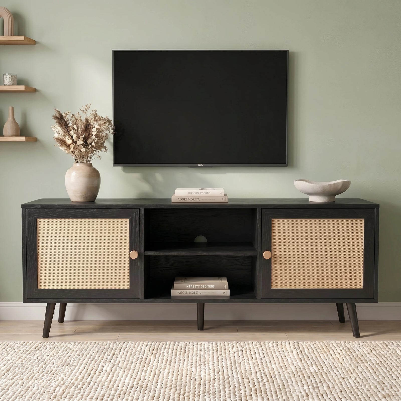 [Black] Wovena Black Rattan TV Unit with 2 Door Storage 140cm front view in sage green room with two rattan doors, open centre shelf and tapered black legs