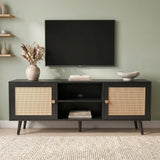 [Black] Wovena Black Rattan TV Unit with 2 Door Storage 140cm front view in sage green room with two rattan doors, open centre shelf and tapered black legs