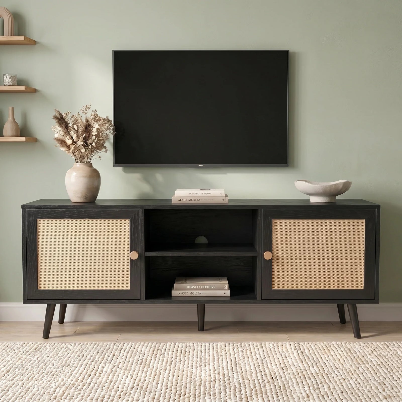[Black] Wovena Black Rattan TV Unit with 2 Door Storage 140cm front view in sage green room with two rattan doors, open centre shelf and tapered black legs