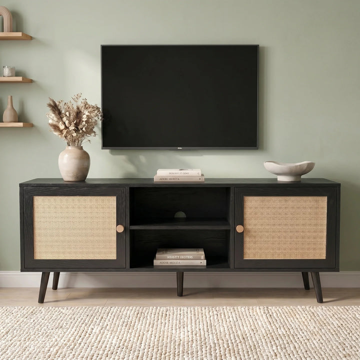 [Black] Wovena Black Rattan TV Unit with 2 Door Storage 140cm front view in sage green room with two rattan doors, open centre shelf and tapered black legs