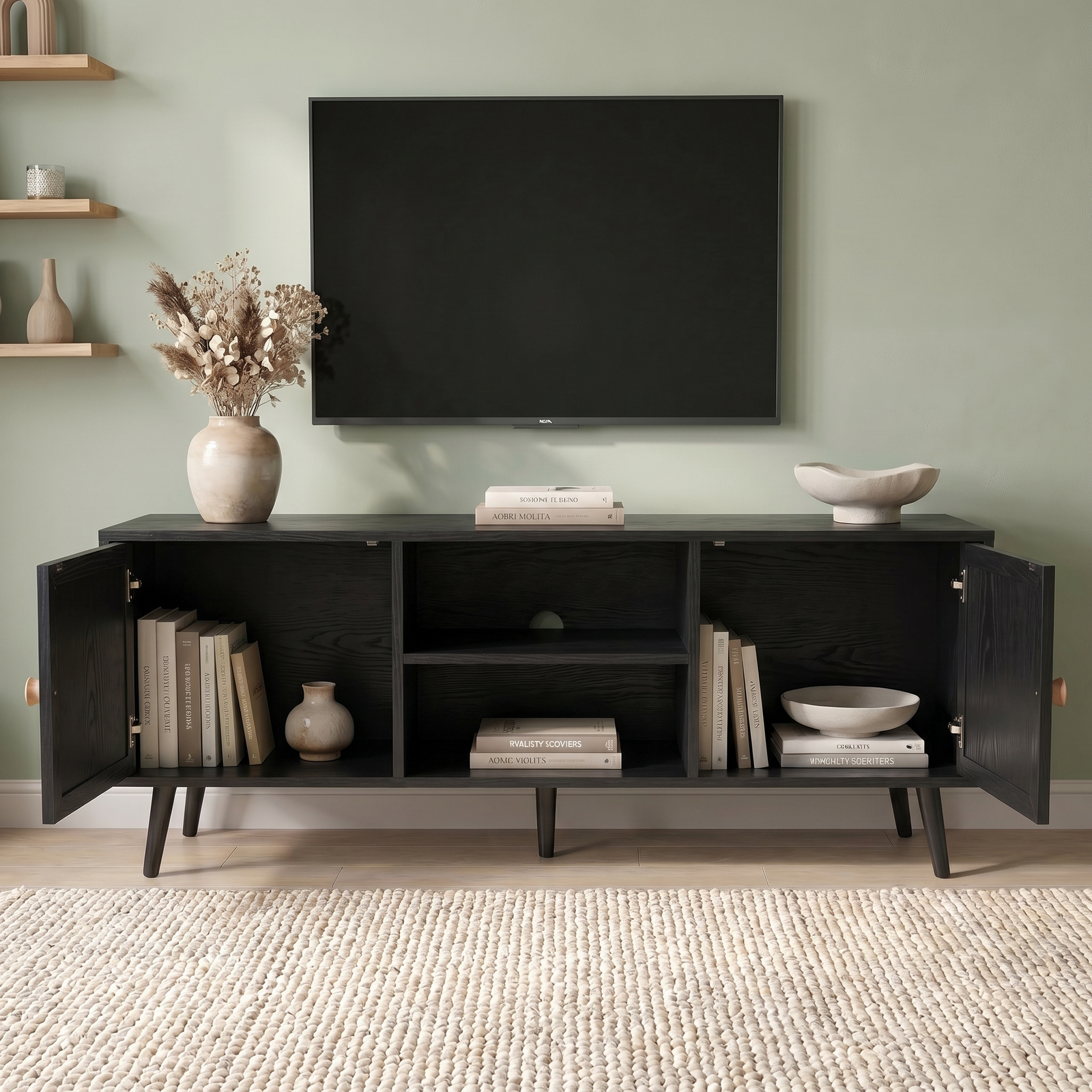 [Black] Wovena Black Rattan TV Unit with 2 Door Storage 140cm front view with both doors open revealing two interior shelves with books and decorative items