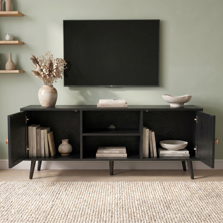 [Black] Wovena Black Rattan TV Unit with 2 Door Storage 140cm front view with both doors open revealing two interior shelves with books and decorative items