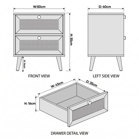 [Black] Wovena 2 drawer bedside table W50 x D40 x H55cm dimensions