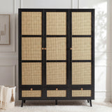 [Black] Black rattan wardrobe shown front-facing beside a wicker basket and framed wall art in a panelled room