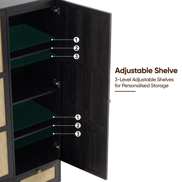 [Black] Black rattan wardrobe with one door open revealing adjustable shelf slots numbered top to bottom