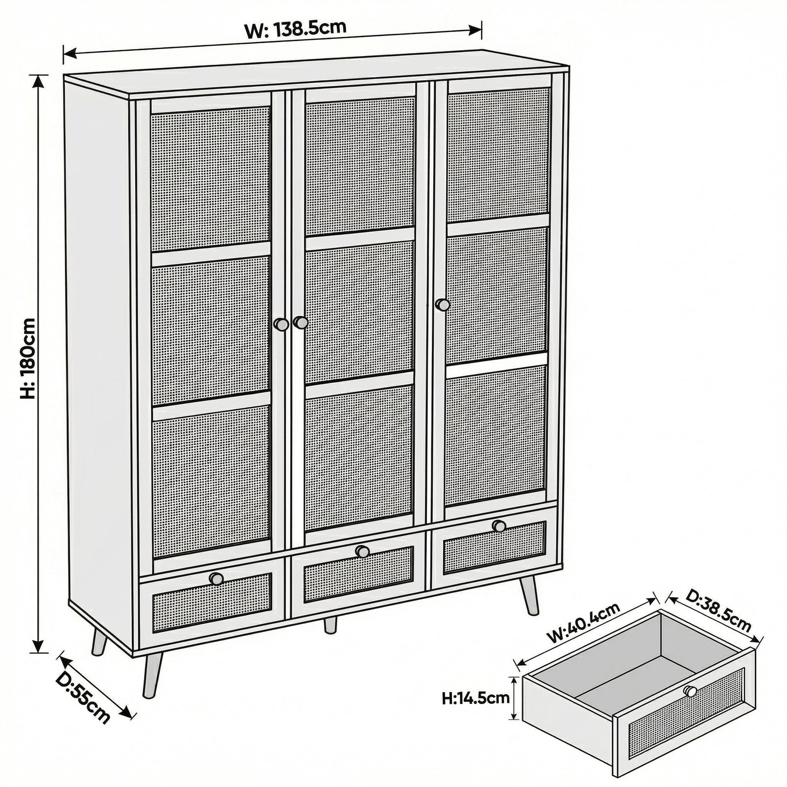 [Black] Rattan wardrobe dimensions: W138.5 x D55 x H180 cm with drawer W40.4 x D38.5 x H14.5 cm