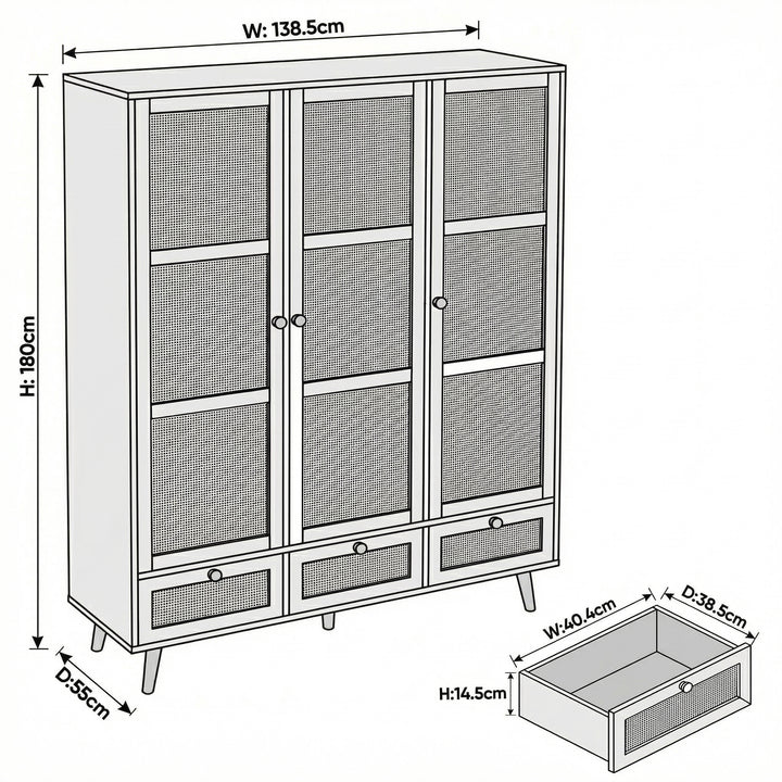 [Black] Rattan wardrobe dimensions: W138.5 x D55 x H180 cm with drawer W40.4 x D38.5 x H14.5 cm