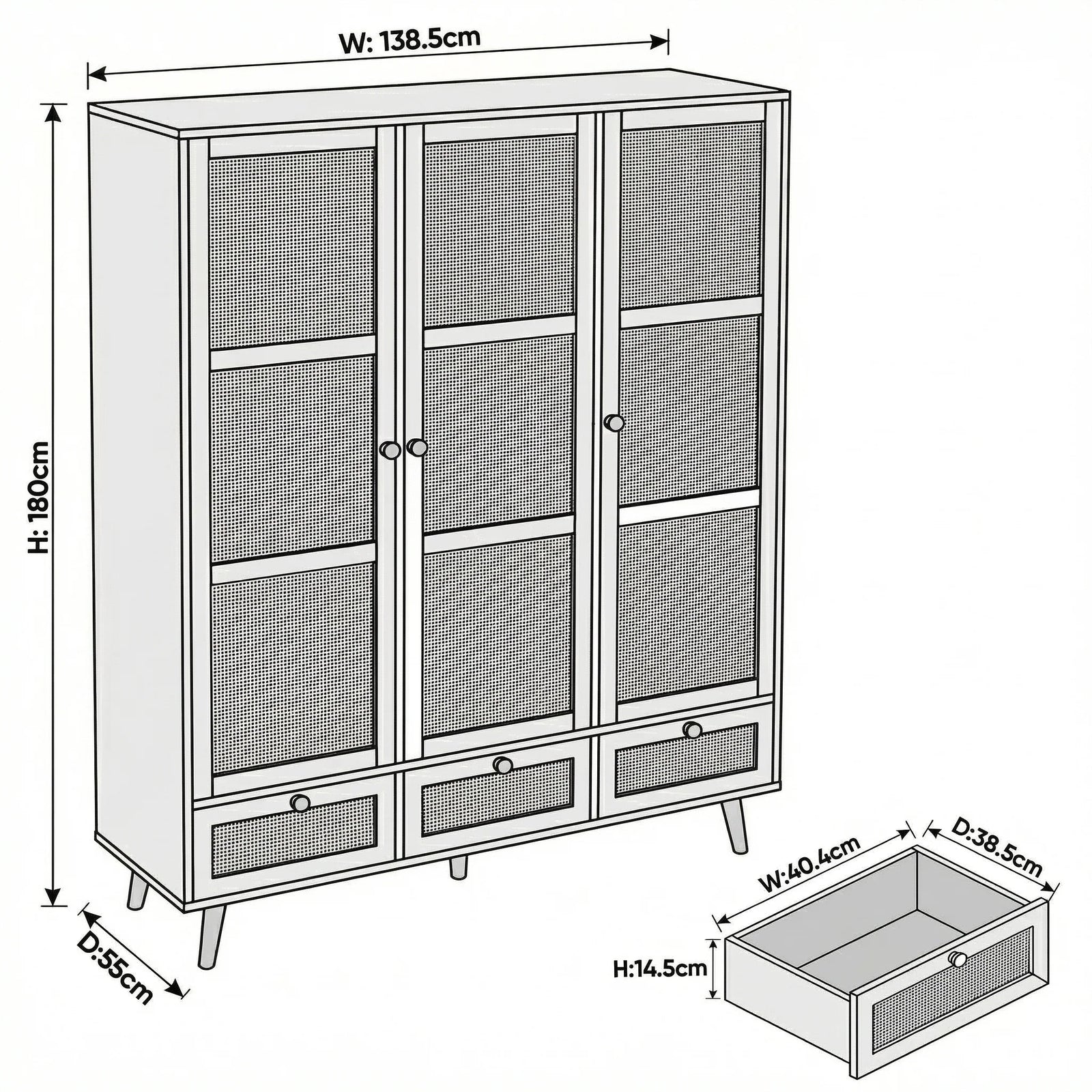 [Black] Rattan wardrobe dimensions: W138.5 x D55 x H180 cm with drawer W40.4 x D38.5 x H14.5 cm