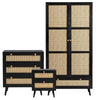 [Black] Wovena 3-piece bedroom set cutout showing wardrobe, three-drawer chest, and bedside table with rattan panels