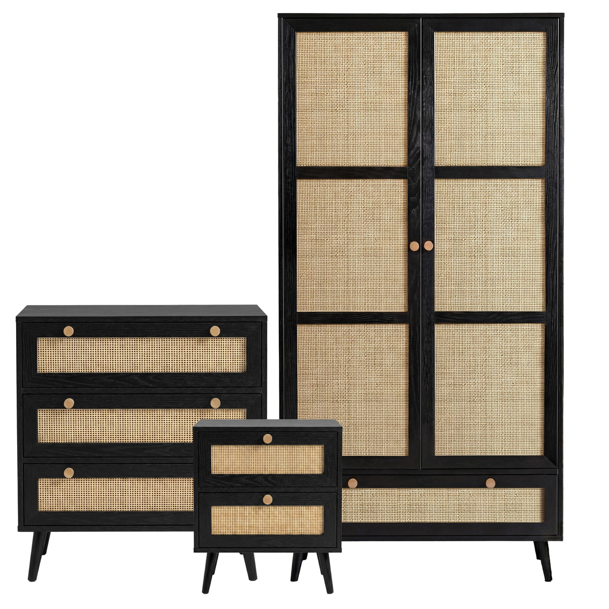 [Black] Wovena rattan bedroom furniture set cutout: 2 door wardrobe, 3 drawer chest and 2 drawer bedside in black