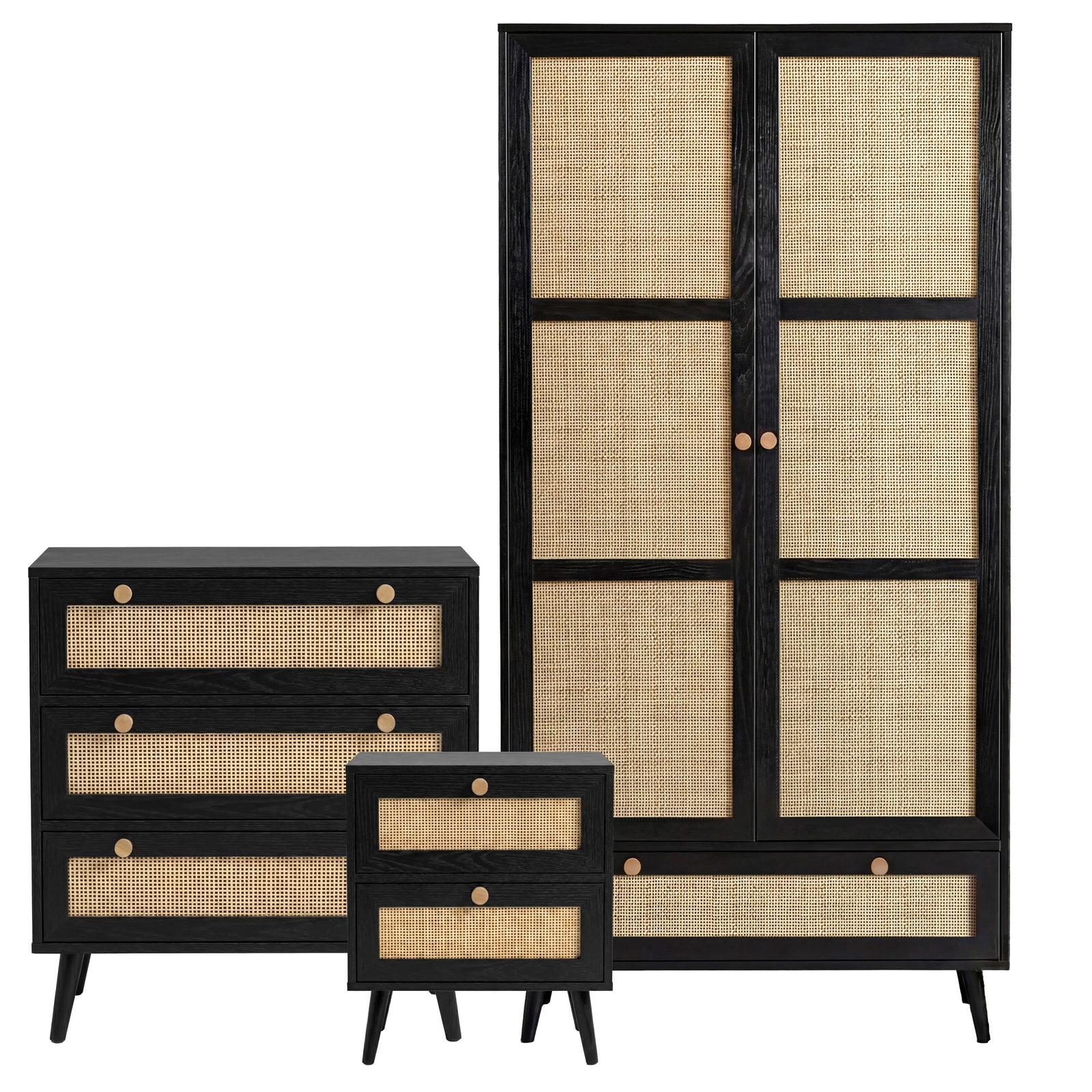 [Black] Wovena rattan bedroom furniture set cutout: 2 door wardrobe, 3 drawer chest and 2 drawer bedside in black