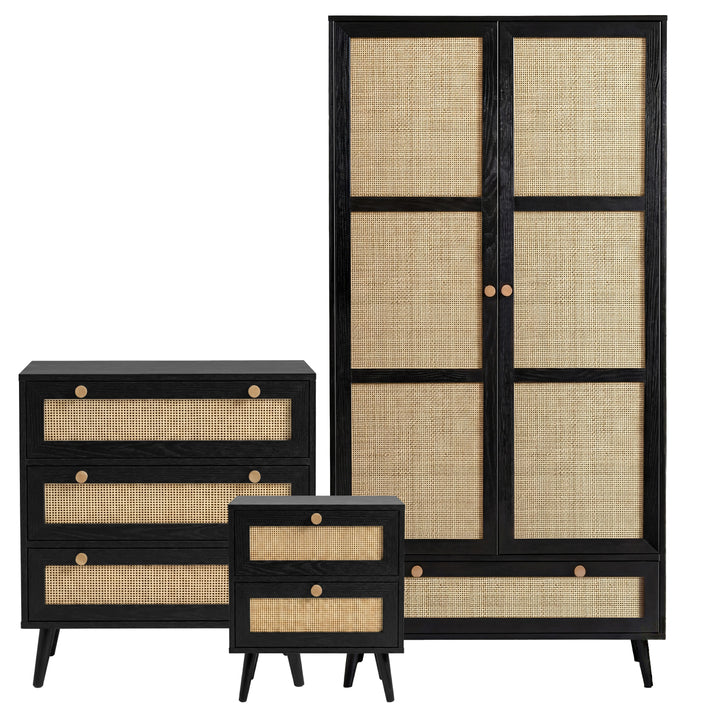 [Black] Wovena rattan bedroom furniture set cutout: 2 door wardrobe, 3 drawer chest and 2 drawer bedside in black