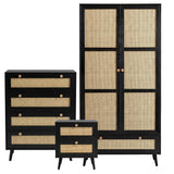 [Black] Wovena rattan bedroom furniture set with wardrobe, chest of drawers and bedside in black on rug