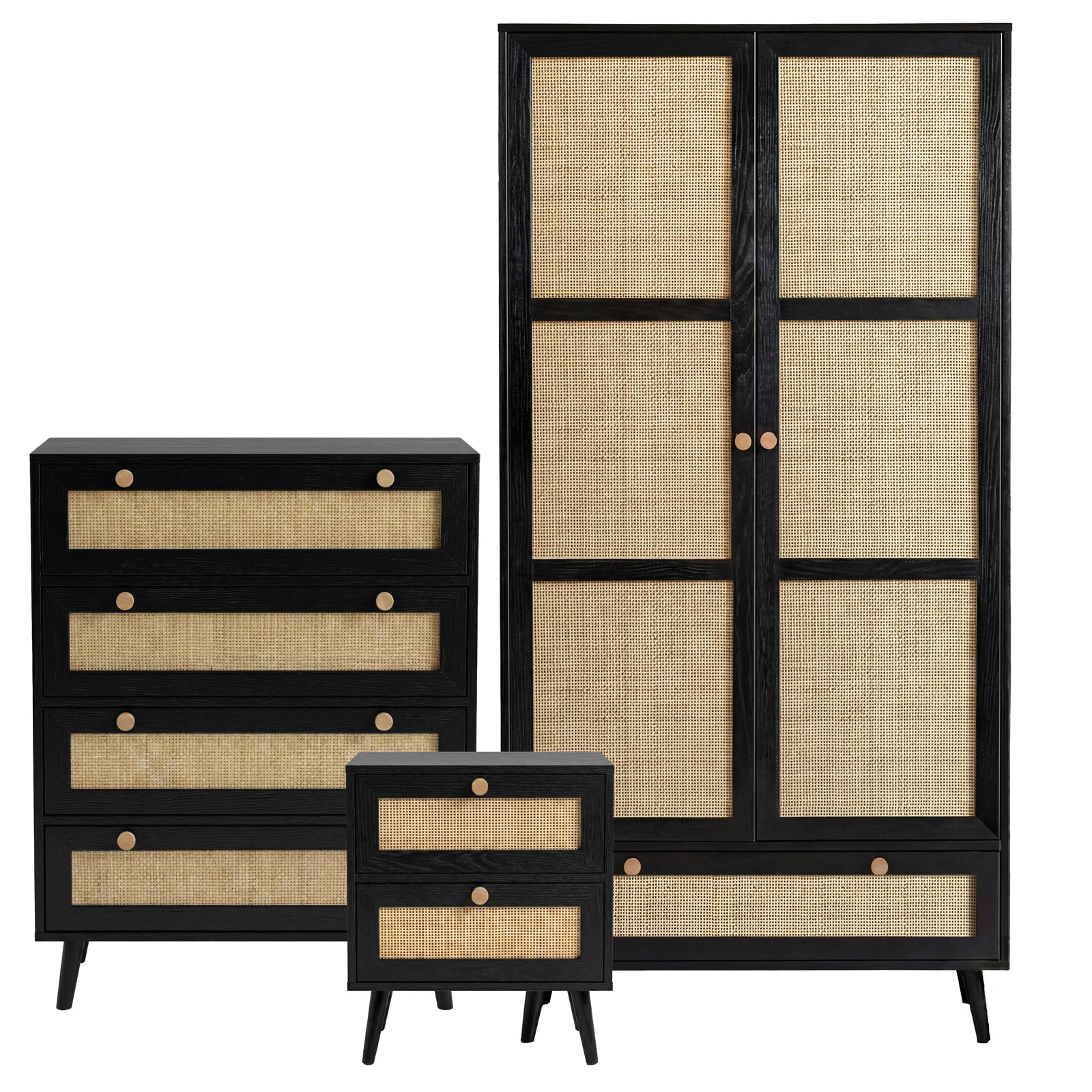 [Black] Wovena rattan bedroom furniture set with wardrobe, chest of drawers and bedside in black on rug