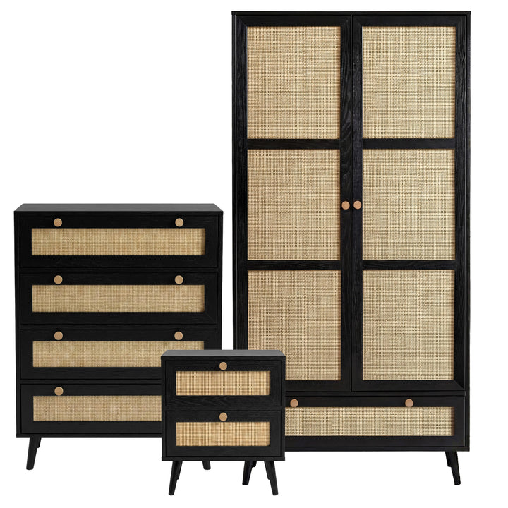 [Black] Wovena rattan bedroom furniture set with wardrobe, chest of drawers and bedside in black on rug