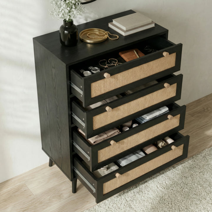 [Black] Wovena rattan bedroom furniture set 4 drawer chest with all drawers pulled open showing storage