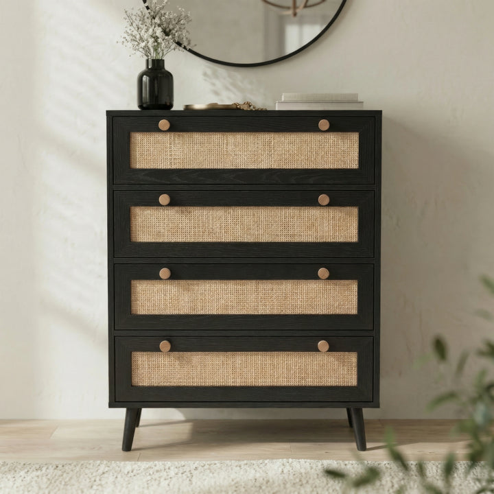 [Black] Front view Wovena rattan bedroom furniture set chest of drawers, four equal drawers with woven fronts
