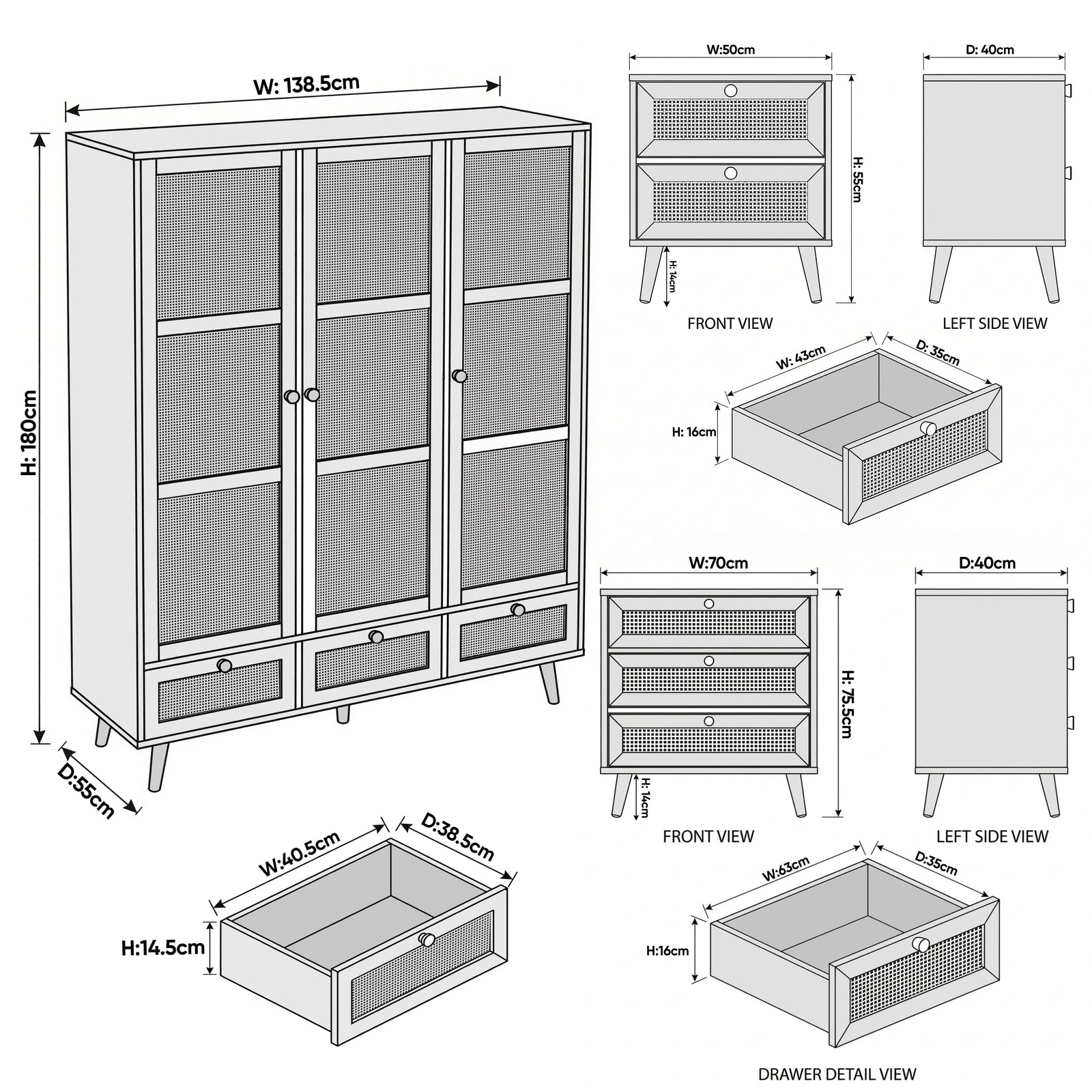 [Black] Wovena bedroom set dimensions showing bedside table 50x40x55cm, 3-drawer chest 70x40x75.5cm, and wardrobe 138.5x55x180cm