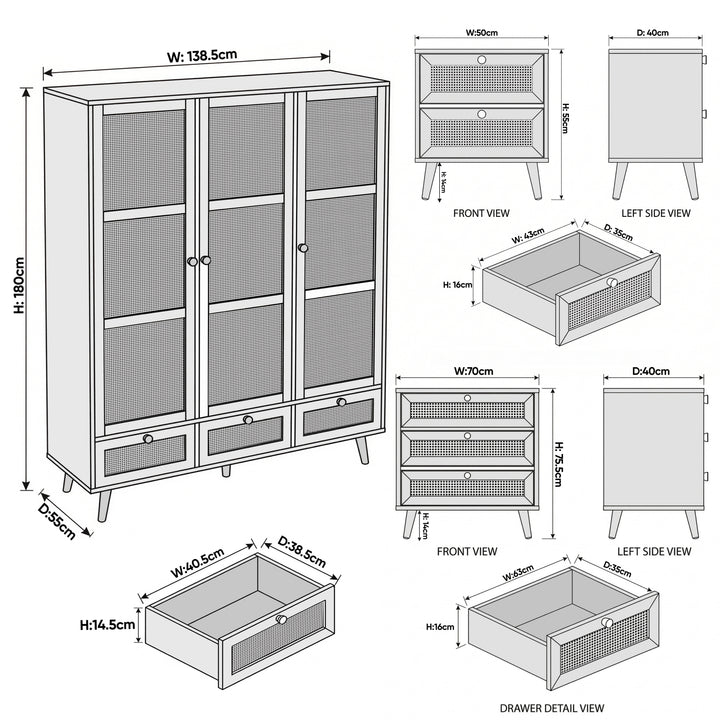 [Black] Wovena bedroom set dimensions showing bedside table 50x40x55cm, 3-drawer chest 70x40x75.5cm, and wardrobe 138.5x55x180cm