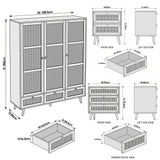 [Black] Wovena bedroom set dimensions showing bedside table 50x40x55cm, 3-drawer chest 70x40x75.5cm, and wardrobe 138.5x55x180cm