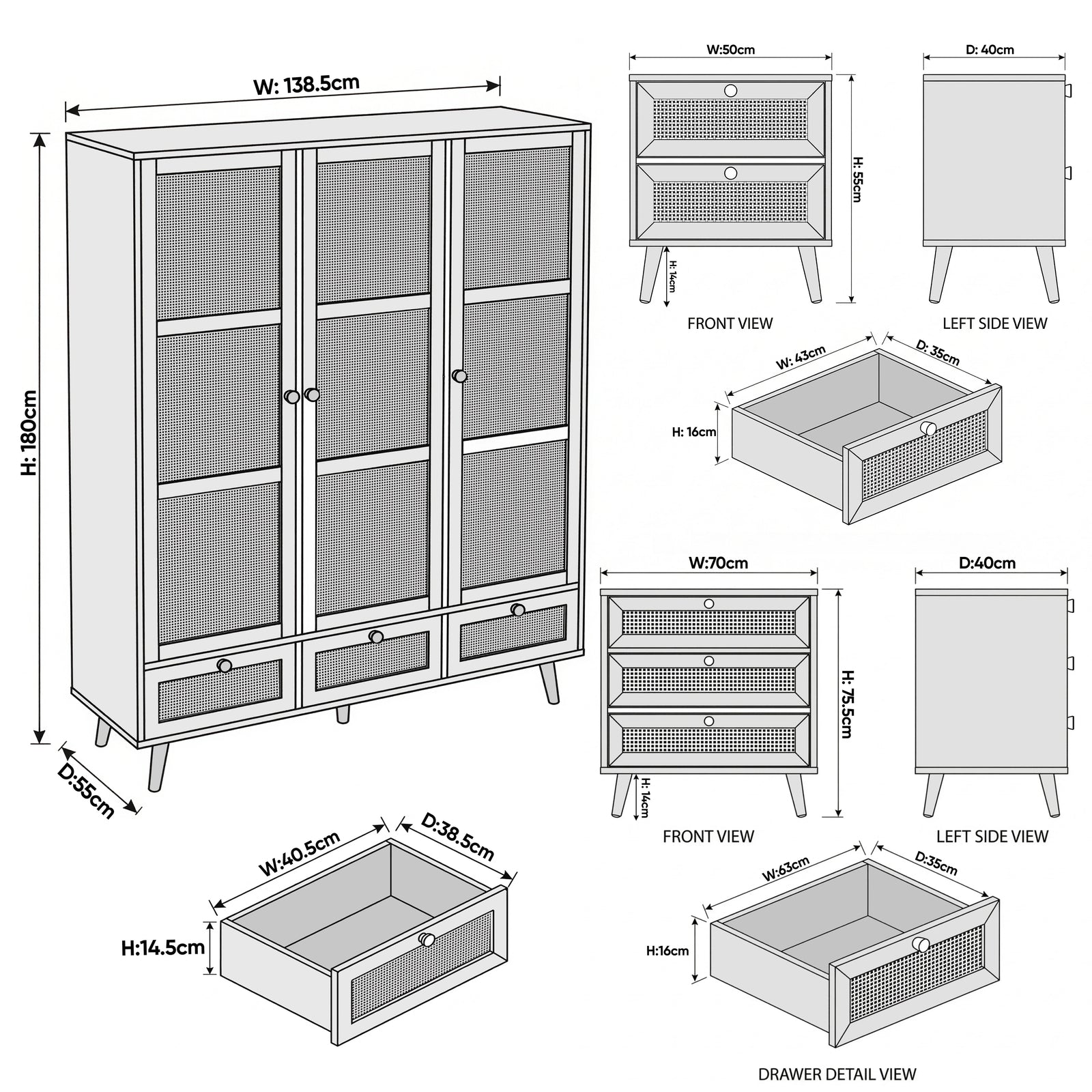 [Black] Wovena bedroom set dimensions showing bedside table 50x40x55cm, 3-drawer chest 70x40x75.5cm, and wardrobe 138.5x55x180cm