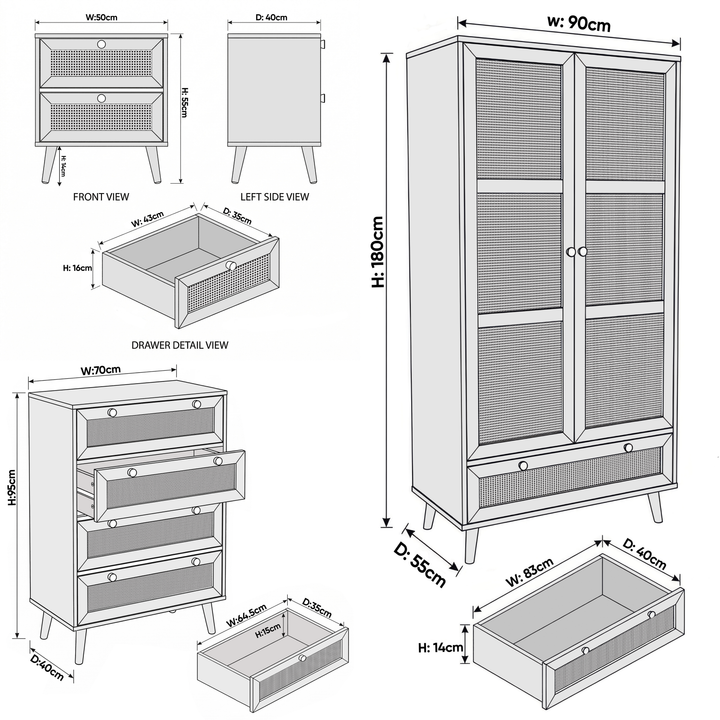 [Black] Wovena rattan bedroom furniture set: wardrobe 90 x 55 x 180, chest 95 x 40 x 70, bedside 50 x 40 x 55