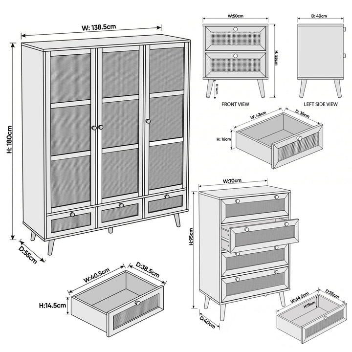 [Black] Wovena rattan bedroom furniture set: wardrobe 138 x 55 x 180, chest 70 x 40 x 95, bedside 50 x 40 x 55