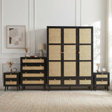 [Black] Wovena rattan bedroom furniture set with wardrobe, chest of drawers and bedside in black on rug