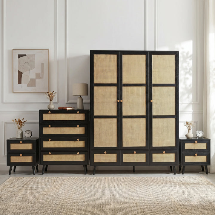 [Black] Wovena rattan bedroom furniture set with wardrobe, chest of drawers and bedside in black on rug
