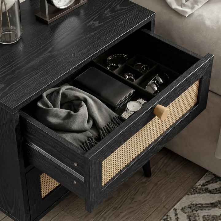 [Black] Top drawer detail of Wovena rattan bedroom furniture set bedside cabinet with watch, glasses and small wallet