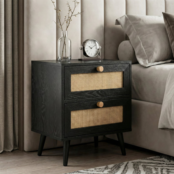 [Black] Wovena rattan bedroom furniture set bedside table styled with alarm clock and stem vase