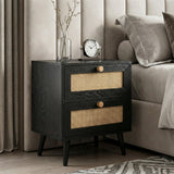 [Black] Wovena rattan bedroom furniture set bedside table styled with alarm clock and stem vase