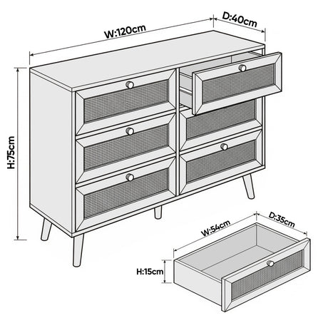 [Black] Wovena wide chest dimension diagram showing 120cm width, 75cm height, 40cm depth and drawer measurements