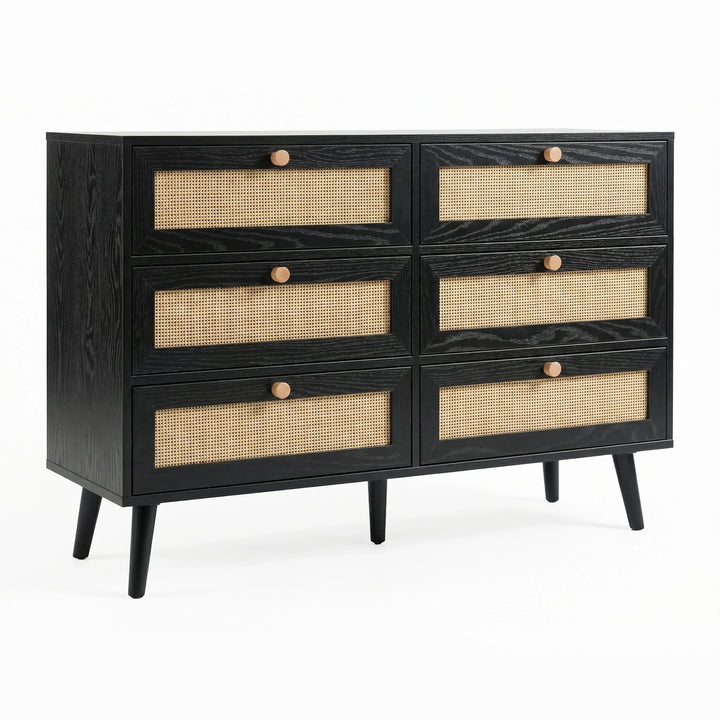 [Black] Three-quarter white-background Wovena rattan chest, six cane fronts with central knobs and tapered legs