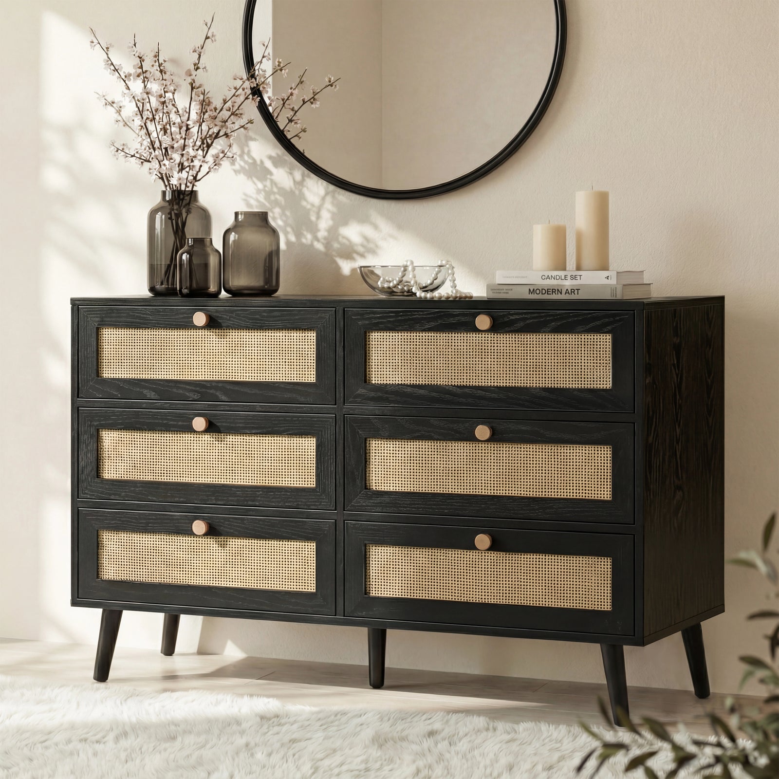 Wovena Black Rattan Wide 6 Chest of Drawers - Bedroom Dresser | DHS Wovena Black Rattan Wide 6 Chest of Drawers - Bedroom Dresser | DHS