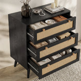 [Black] Wovena rattan bedroom furniture set chest with all three drawers open showing knitwear and accessories inside