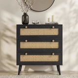 [Black] Wovena rattan bedroom furniture set chest of drawers in black with three cane drawers on pine legs