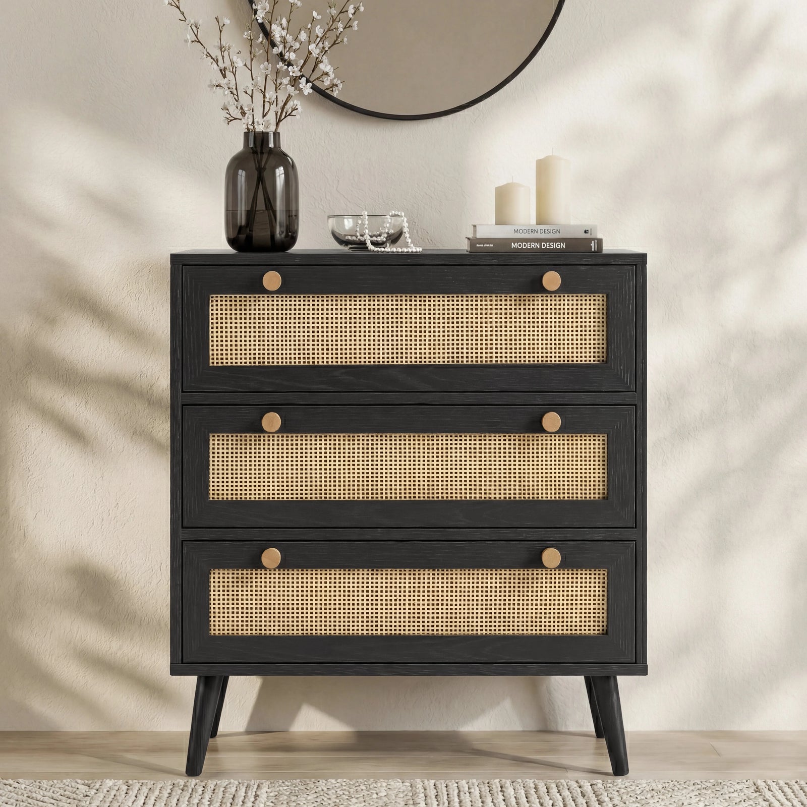 [Black] Wovena rattan bedroom furniture set chest of drawers in black with three cane drawers on pine legs