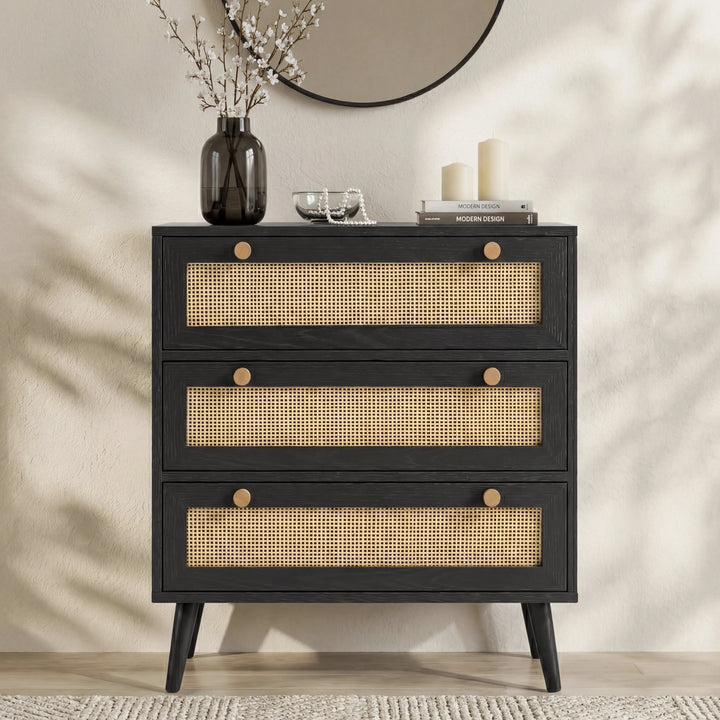 [Black] Wovena rattan bedroom furniture set chest of drawers in black with three cane drawers on pine legs